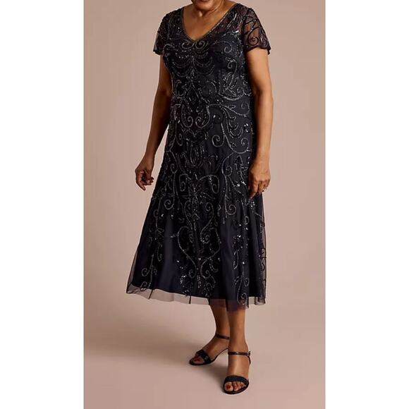 Oleg Cassini Allover Beaded Short Sleeve Midi Dress in Navy Blue Size 16 - Picture 3 of 15